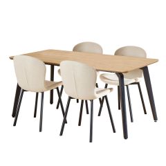 Nøra Laurens rechthoekige eettafel 160x90x75 cm + 4 eetkamerstoelen stof Apia - naturel/groen