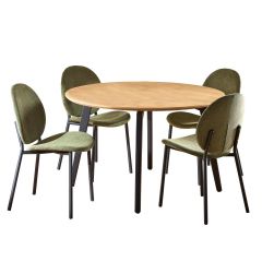 Nøra Laurens ronde eettafel Ø120x75 cm + 4 eetkamerstoelen stof Caso - naturel/groen