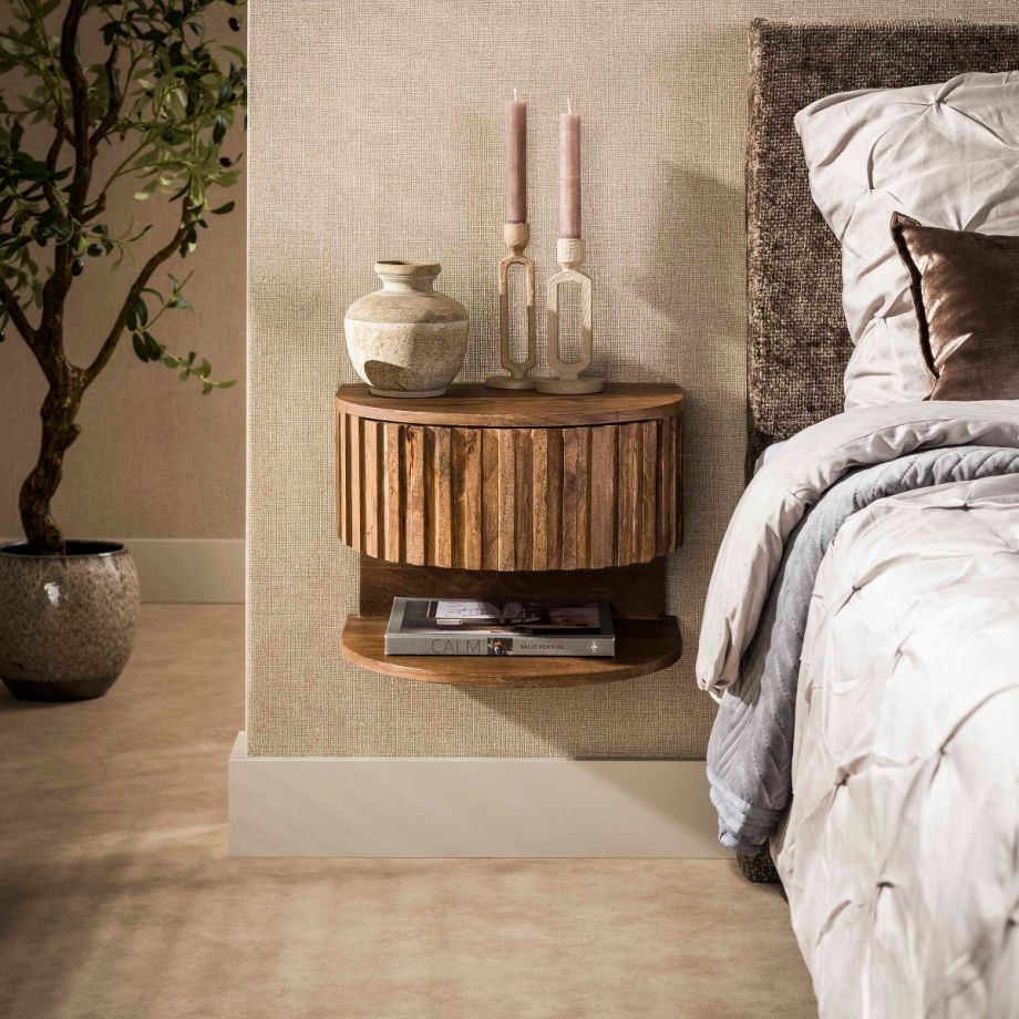 Fraaai Carley nachtkastje plank zwevend 1 lade massief mangohout - zand