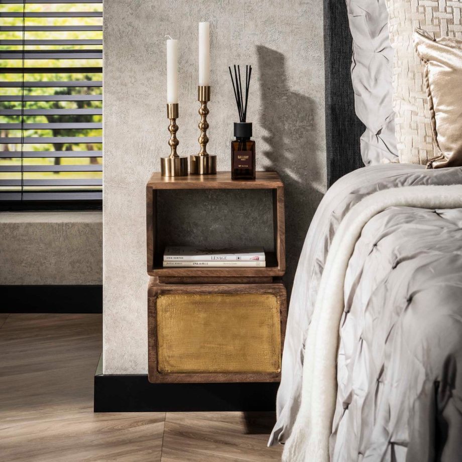 Fraaai Kelsie nachtkastje 1L klein- brass/massief mango bruin