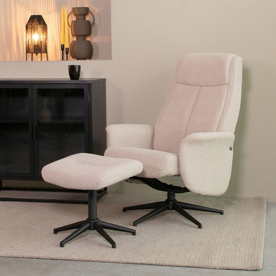 Bergen draaibare fauteuil bouclé - naturel + hocker