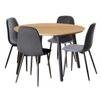 Nøra Laurens ronde eettafel Ø120x75 cm + 4 eetkamerstoelen stof Nesia - naturel/donkergrijs