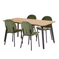 Nøra Laurens rechthoekige eettafel 160x90x75 cm + 4 eetkamerstoelen stof Caso - naturel/groen