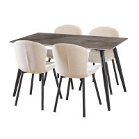 Nøra Kristina rechthoekige eettafel 140x80x75 cm - grijs + 4 eetkamerstoelen | stof Apia - beige
