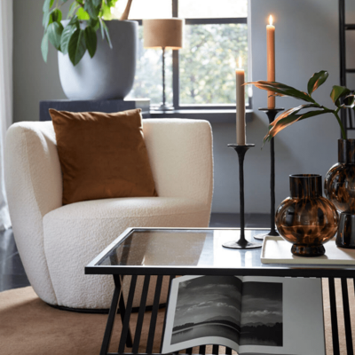 Light & Living Senja draai fauteuil bouclé wit/zwart