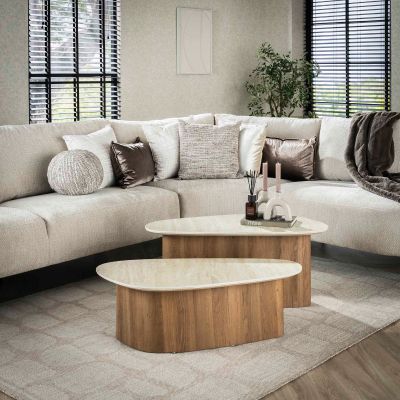 Fraaai Dexter salontafel set van 2 driehoekige poot - mdf/keramiek travertine