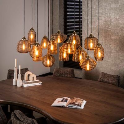 Fraaai Dewey hanglamp 5+5+5 rib glas - amber color glas