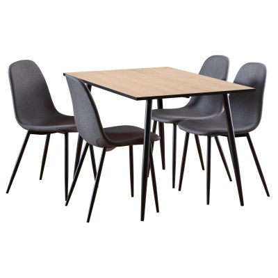Nøra Gertrude rechthoekige eettafel 120x80x75 cm | ruw melamine - wit + 4 eetkamerstoelen | stof Nesia - donkergrijs