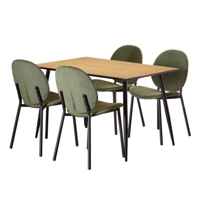 Nøra Gertrude rechthoekige eettafel 120x80x75 cm | ruw melamine - naturel + 4 eetkamerstoelen | stof Caso - groen